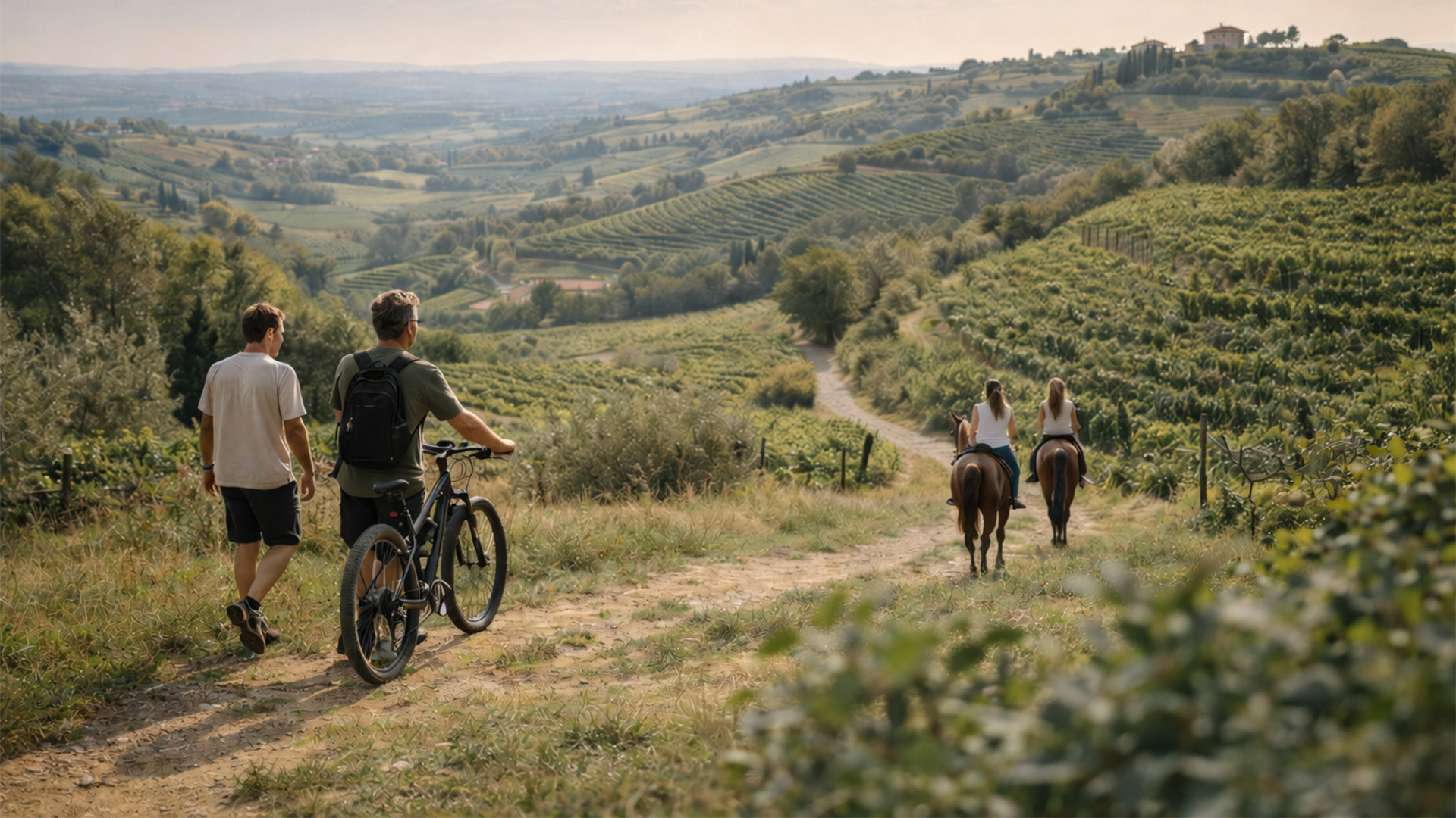 Persone a passeggio sulle colline di Illasi, a piedi, con bici e a cavallo
